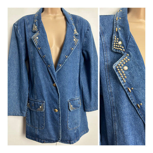 Vintage 1980s/1990s UK Size 10-12 Denim Blazer With Stud & Bead Embellishment