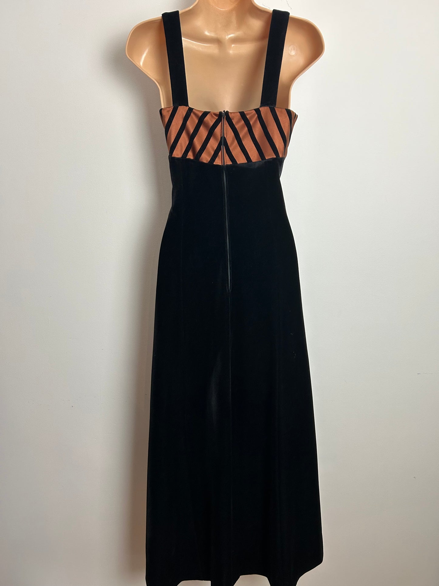 Vintage Early 1980s VERA MONT FRANCE Size 10 Black Velvet & Bronze Satin Stripe Panel Occasion Evening Maxi Dress