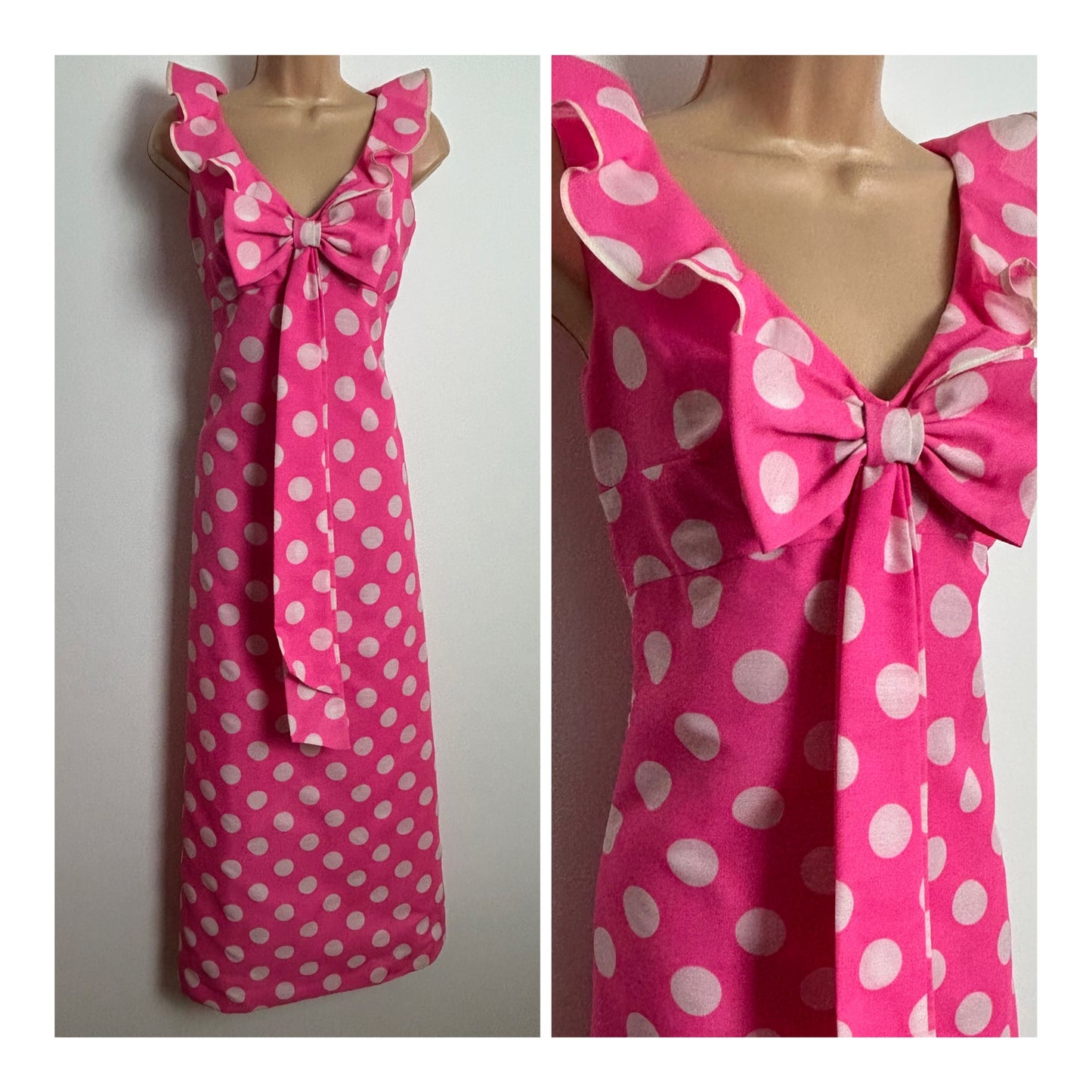Vintage Early 1970s Size 8 Candy Pink & White Spot Print Ruffle & Bow Detail Sleeveless Maxi Dress