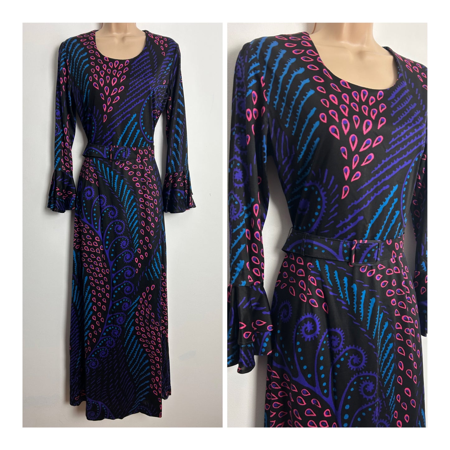 Vintage 1970s DL BARRON UK Size 10 Stunning Black Pink Purple & Blue Abstract Print Long Sleeve Belted Maxi Dress