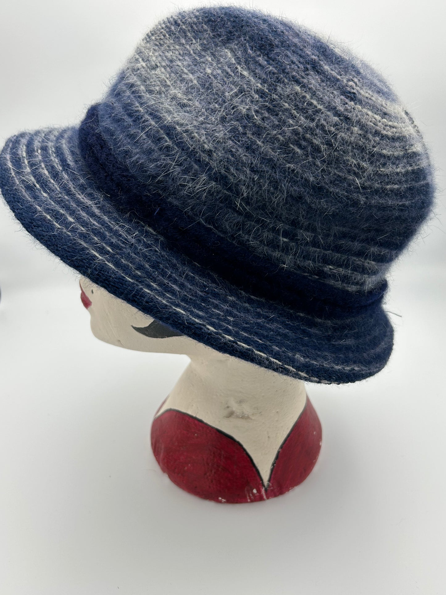 Vintage C&A Blue & White Stripe Angora  & Wool Mix Bow Detail Trilby Style Hat