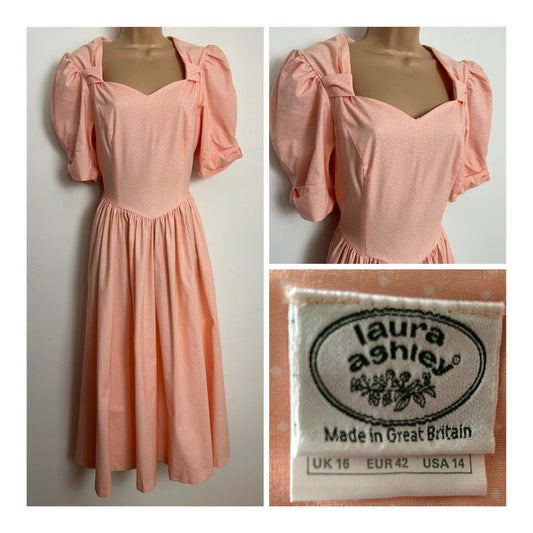 Vintage 1980s LAURA ASHLEY Size 12 (Size 16 On Label) Peach Polka Dot Short Puffed Sleeve Midi Dress