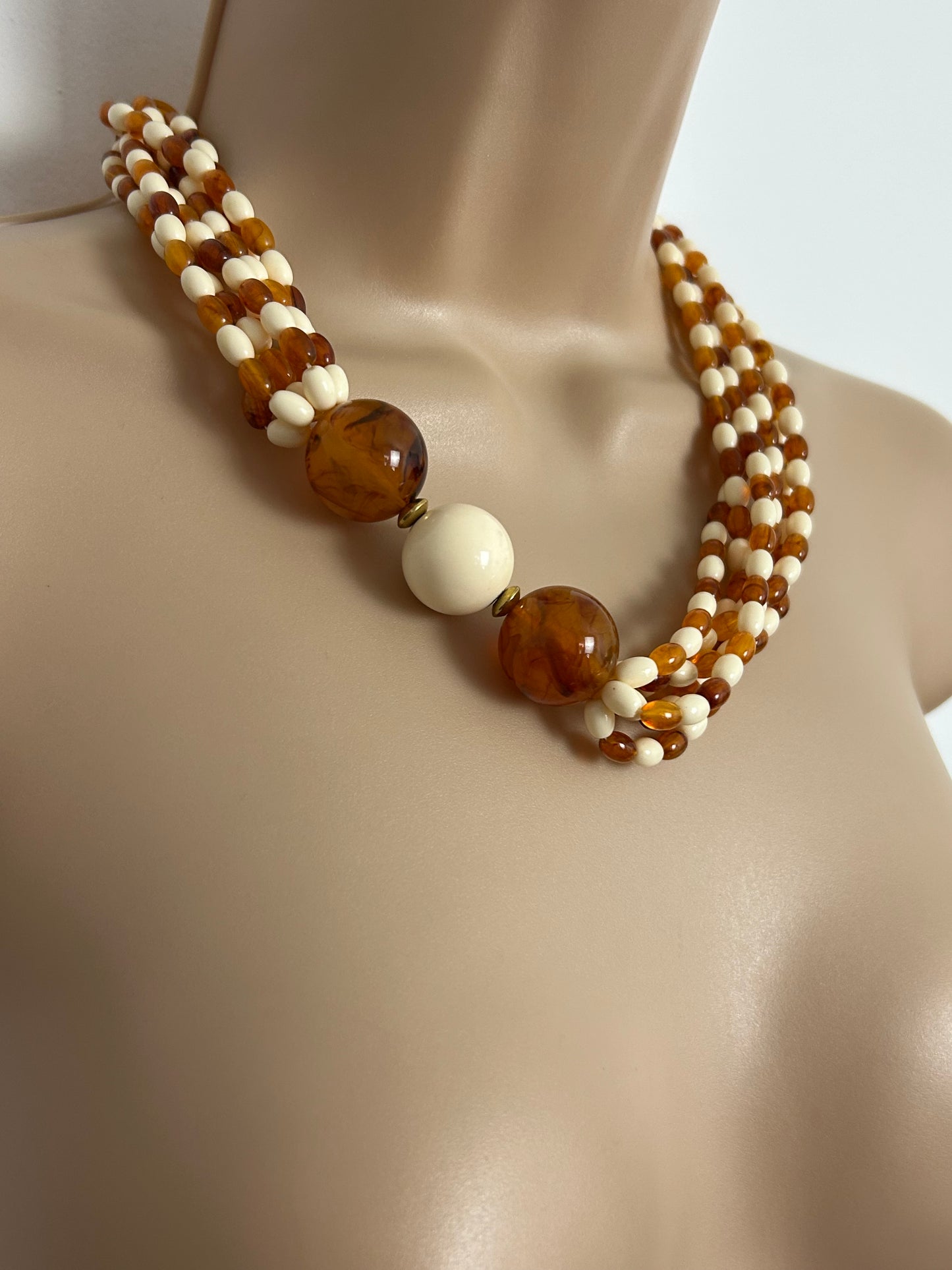 Vintage 1960s Cream & Amber Colour Plastic Bead Double Strand Necklace