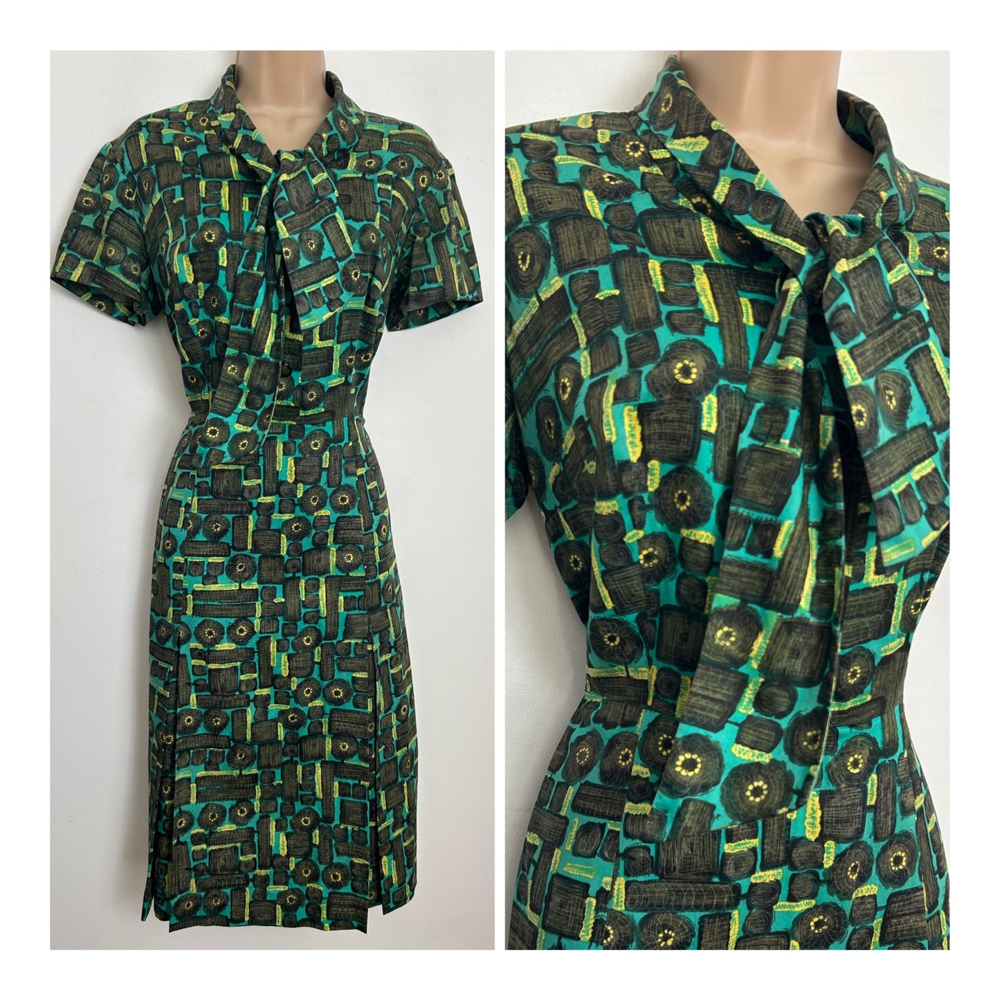 Vintage Late 1950s Early 1960s Size 12-14 Turquoise Brown & Lemon Abstract Geo Print Scarf Tie Pleated Cotton Dress