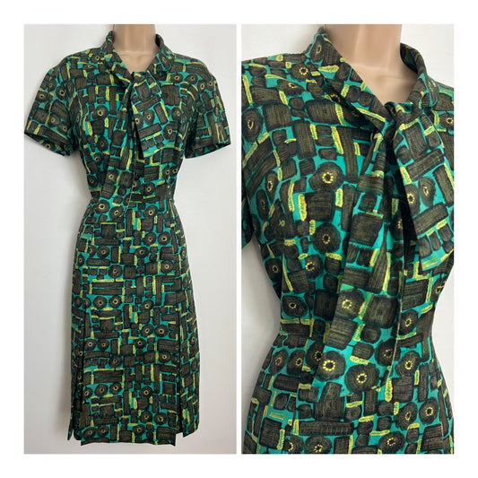 Vintage Late 1950s Early 1960s Size 12-14 Turquoise Brown & Lemon Abstract Geo Print Scarf Tie Pleated Cotton Dress