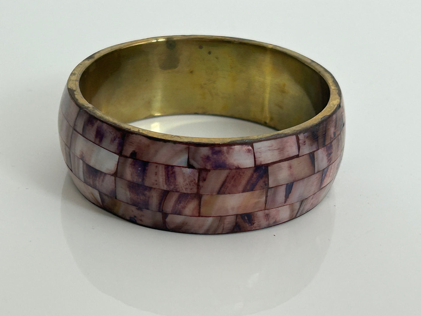 Vintage 1980s Gorgeous Brass With Pink Mother Of Pearl Set Wide Bangle