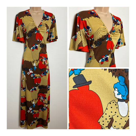 Vintage 1970s Size 10-12 Dark Gold Brown & Red Novelty Print Short Sleeve Maxi Dress