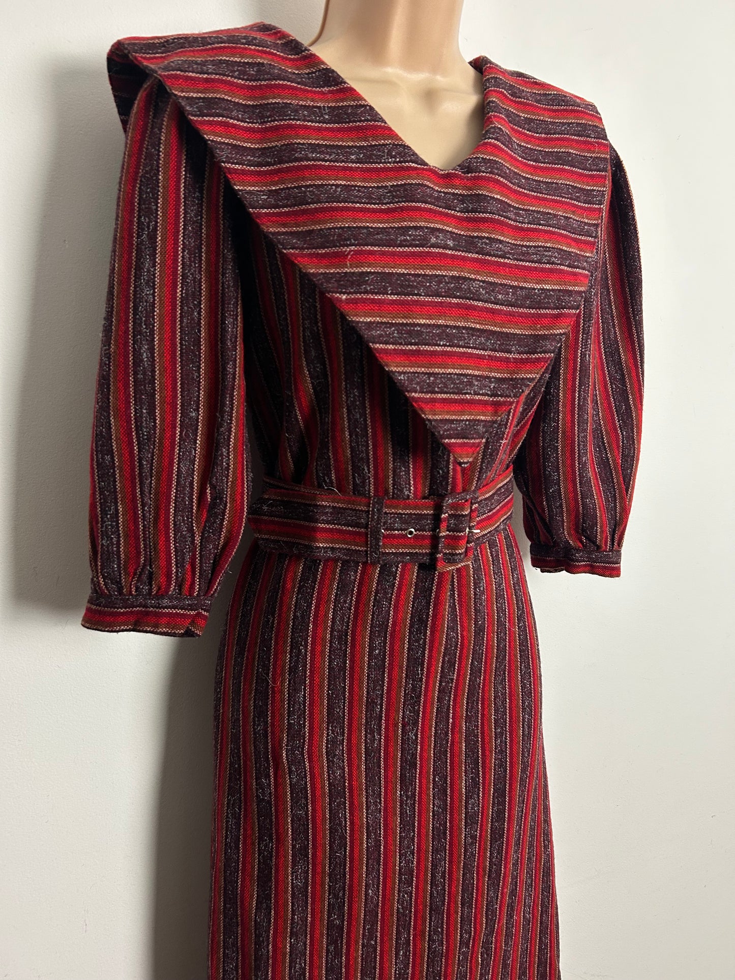 Vintage Early 1980s Size 10 Red & Brown Stripe Wool Mix Long Sleeve Feature Collar Belted Dress