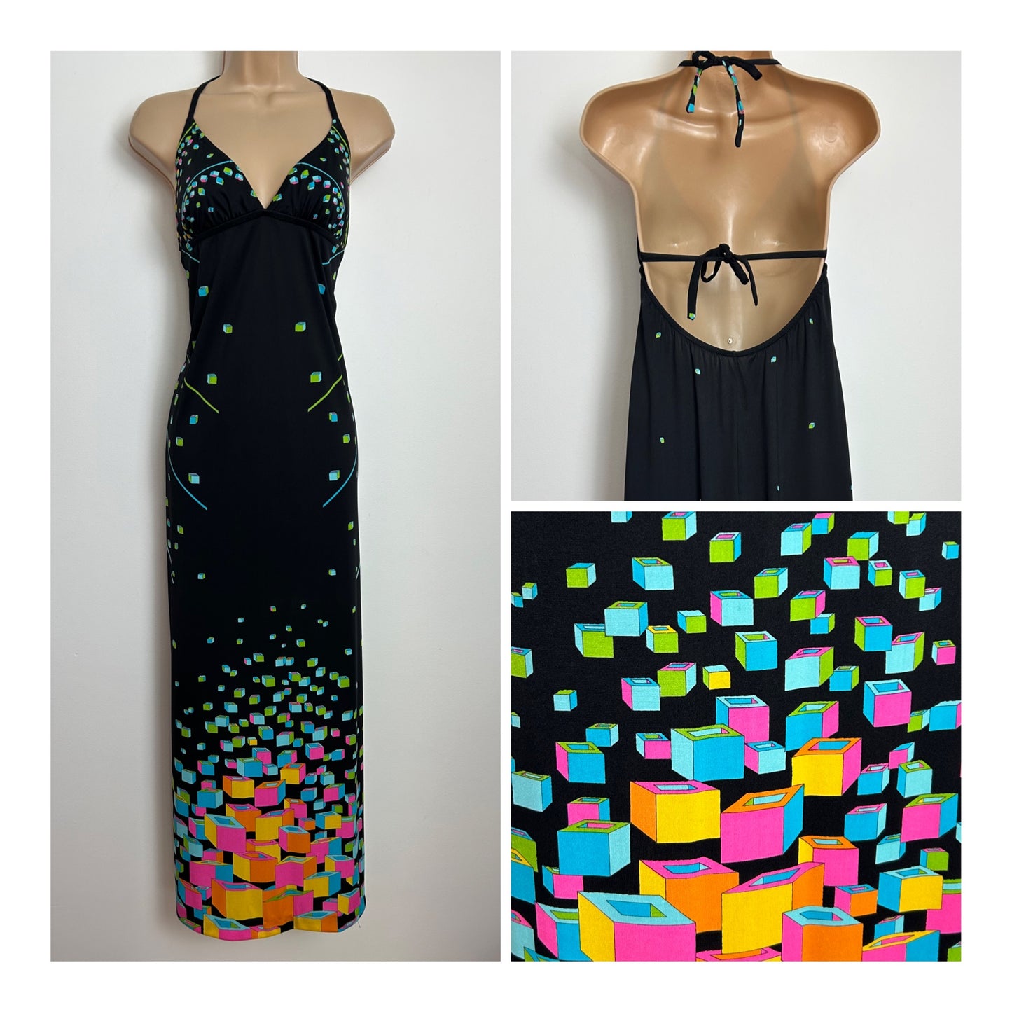 Vintage 1970s Size 8-10 Black & Mulitcolour Geometeric Square Print Halterneck Open Tie Back Maxi Dress