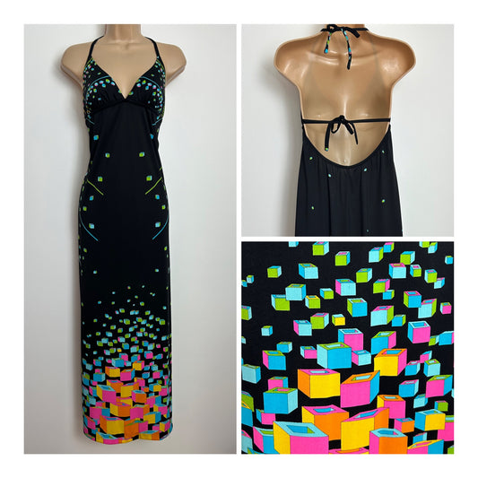 Vintage 1970s Size 8-10 Black & Mulitcolour Geometeric Square Print Halterneck Open Tie Back Maxi Dress
