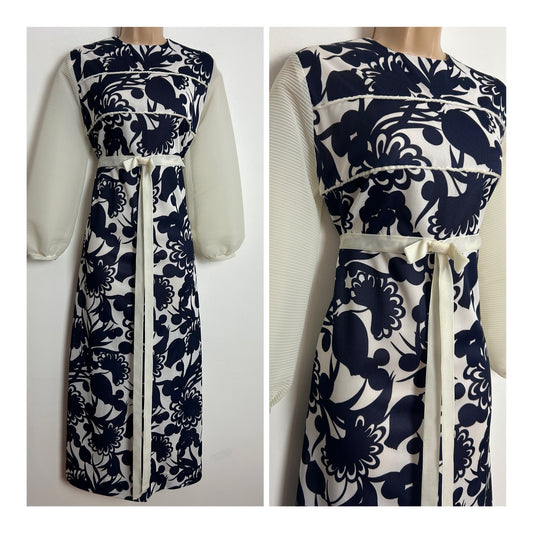 Vintage 1970s UK Size 10-12 Blue & White Floral Print Pleated Long Sleeve Bow Ribbon Detail Boho Midaxi Dress