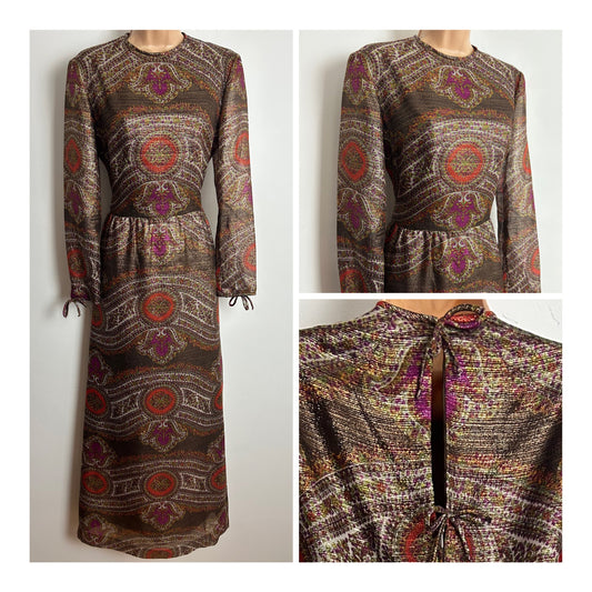 Vintage 1970s Size 8 Gorgeous Brown Orange & Dark Pink Nouveau Scarf Print Lurex Evening Maxi Dress
