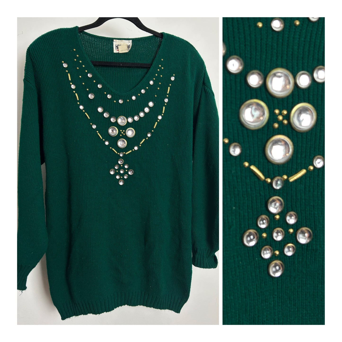 Vintage 1980s One Size Up To Size 18 Dark Green Jewel Bead Embellished Jumper