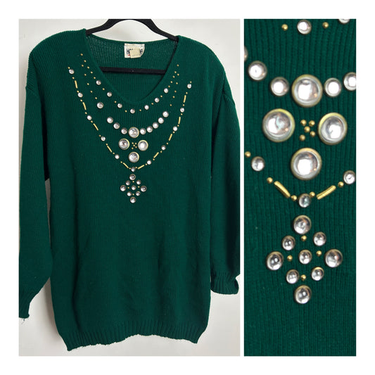 Vintage 1980s One Size Up To Size 18 Dark Green Jewel Bead Embellished Jumper