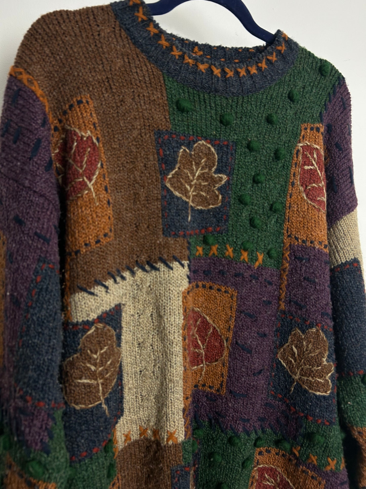 Vintage 1980s 90s Up To Size 20 Brown & Green Autumnal Leaf Pattern Wool Mix Pullover Jumper