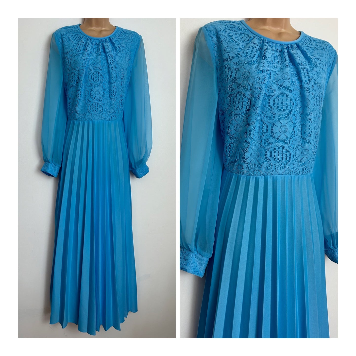 Vintage 1970s UK Size 14-16 Sky Blue Long Sleeve Lace Bodice Pleated Occasion Maxi Dress