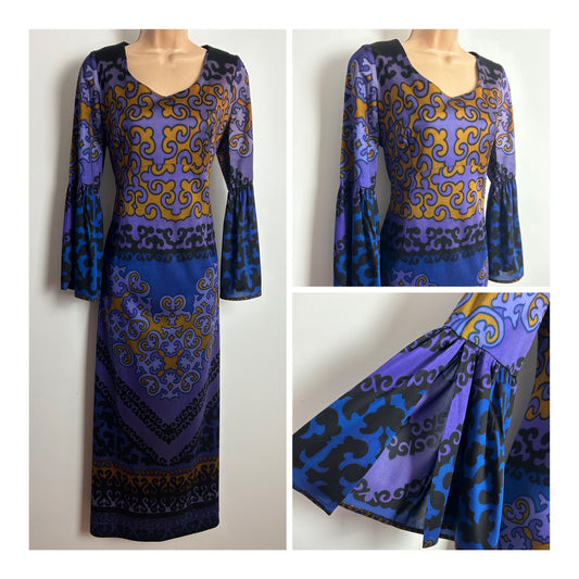 Vintage 1970s SIDGREENE OF LONDON Size 12 Mauve Blue & Dark Gold Abstract Long Sleeve Split Cuff Maxi Dress