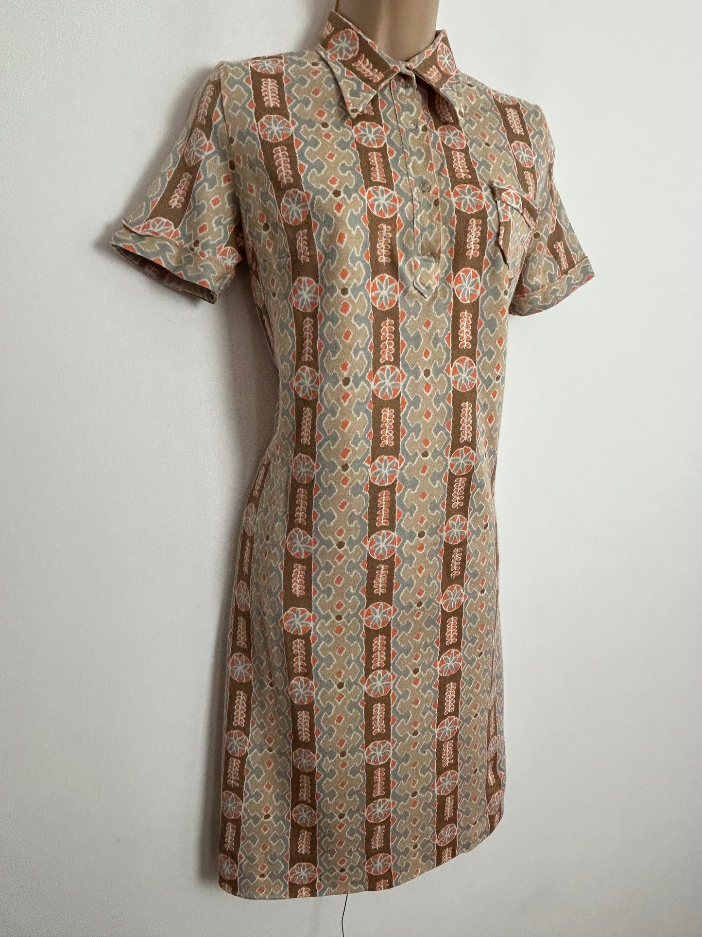 Vintage 1970s UK Size 8-10 ITALIAN Brown Beige Orange & Blue Abstract Print Short Sleeve Mod Shift Dress