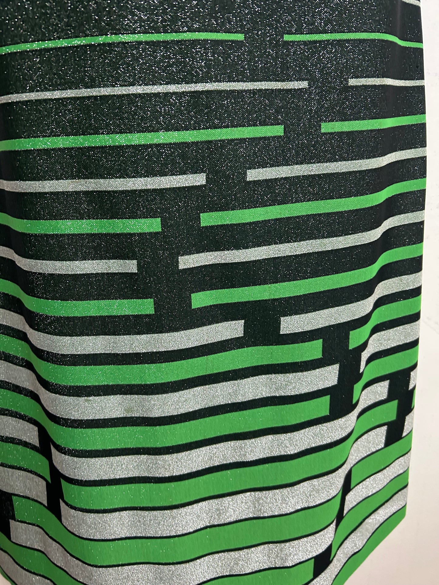 Vintage 1970s LEROSE Size 12 Black Silver & Green Stripe Keyhole Lurex Sleeveless Occasion Maxi Dress