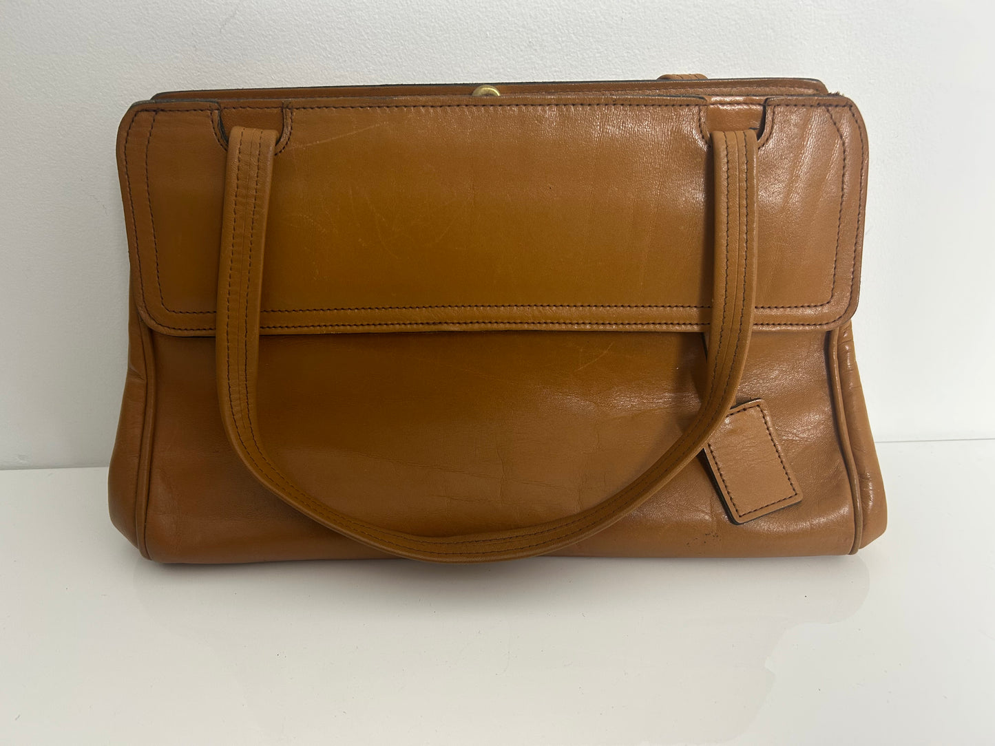 Vintage Late 1960s Tan Brown Top Handles Leather Handbag With Small Matching Coin Purse