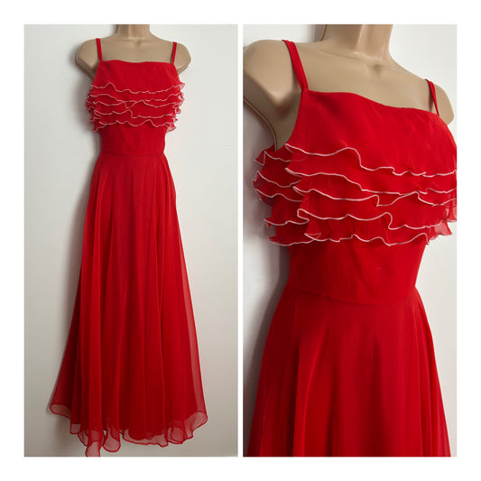 Vintage 1970s YVETTE Size 8 Red Ruffle Layered Strappy Summer Occasion Maxi Dress
