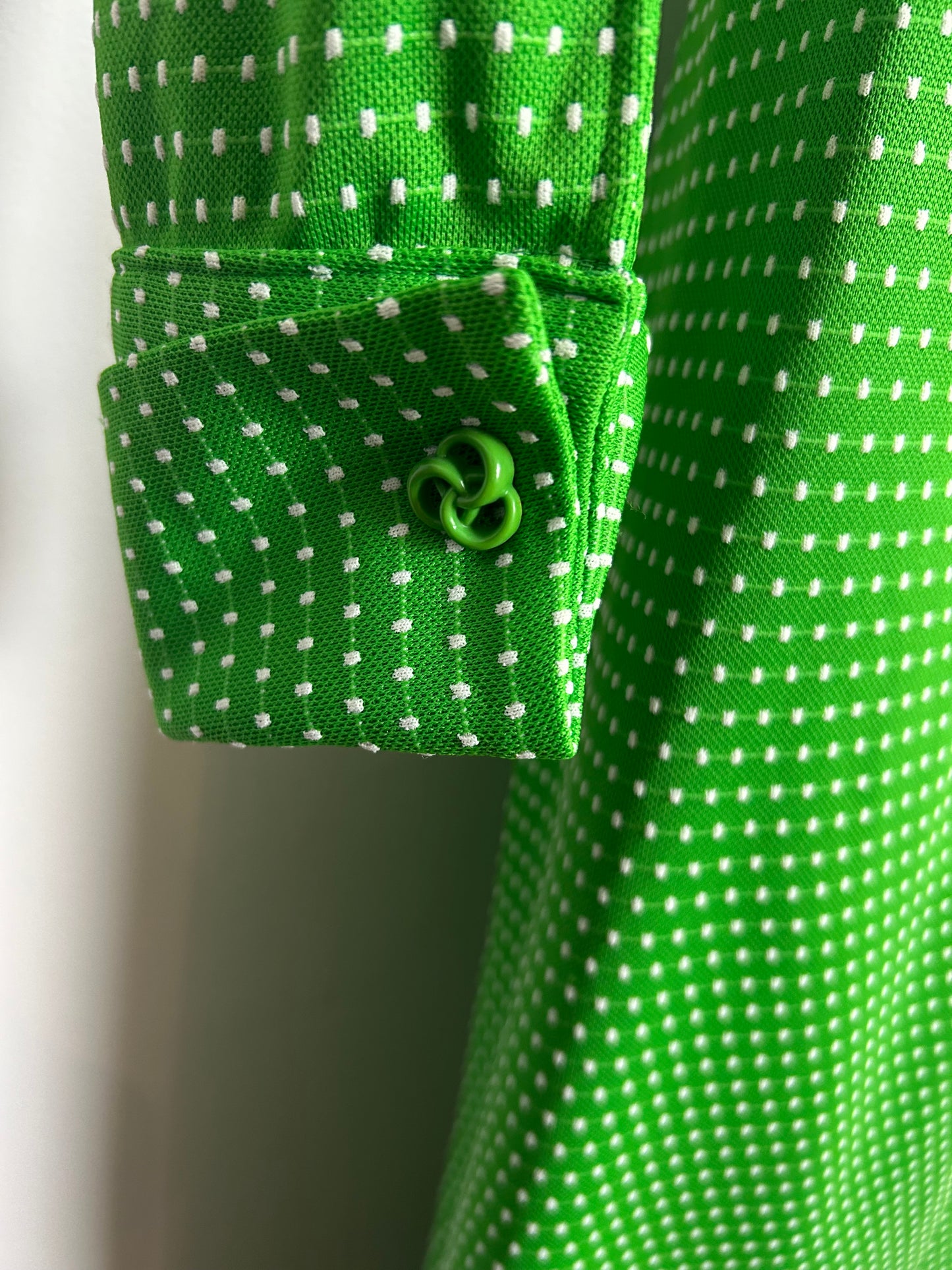 Vintage 1970s Size 8 Green & White Spot Textured Crimplene Dagger Collar Long Sleeve Maxi Dress