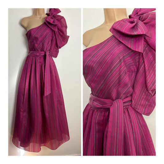 Vintage 1980s RONNETTA UK Size 6 Dark Pink & Black Stripe Print One Puffed Sleeve Bow Detail Belted Ballgown Occasion Dress
