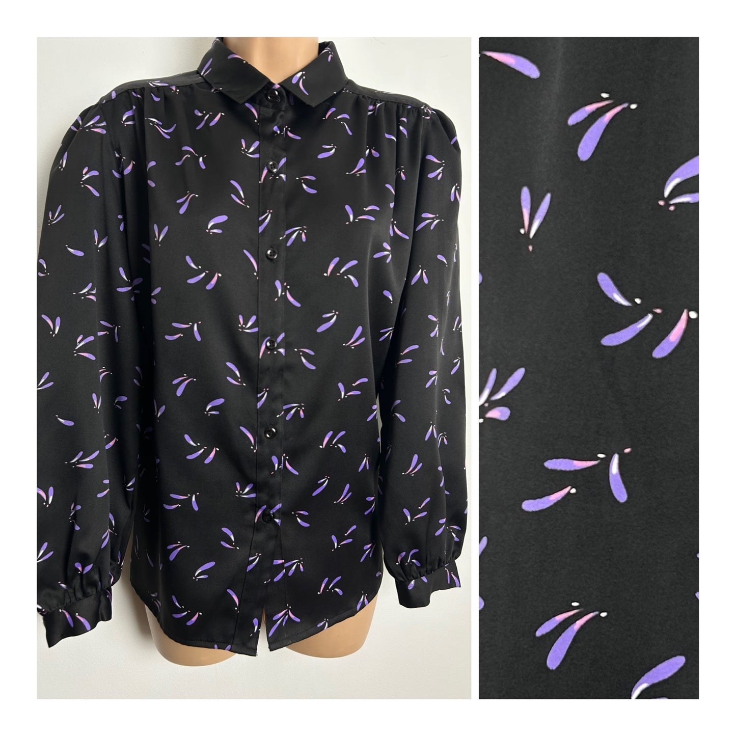 Vintage Early 1980s Size 16-18 Black Lilac & Pink Petal Print Long Sleeve Shirt