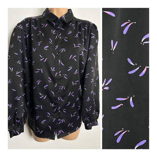 Vintage Early 1980s Size 16-18 Black Lilac & Pink Petal Print Long Sleeve Shirt