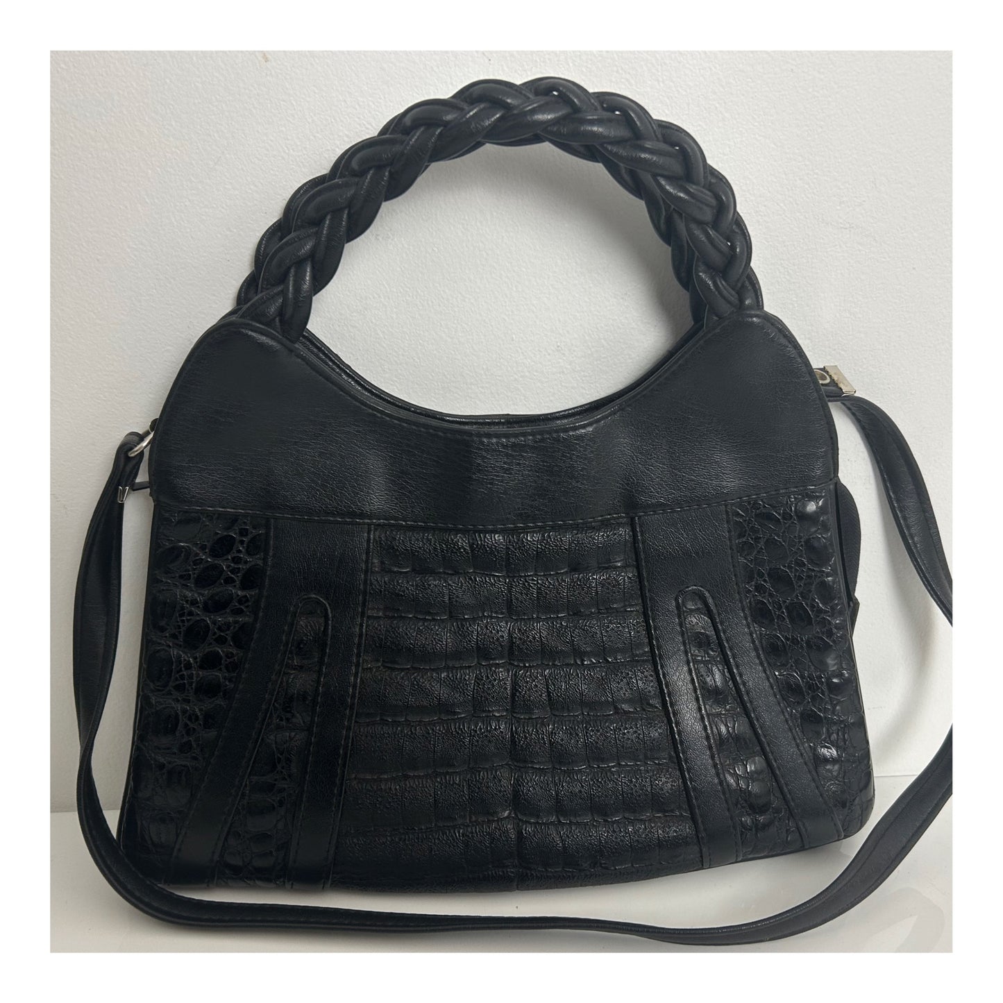 Vintage 1970s Lovely Soft Supple Black Mock Croc Leather Shoulder Or Handbag