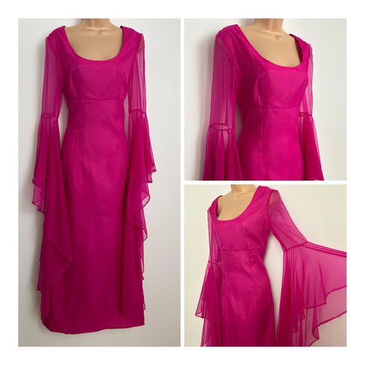 Vintage 1970s Size 10 Magenta Chiffon Ultra Floral Flared Sleeve Occasion Maxi Dress