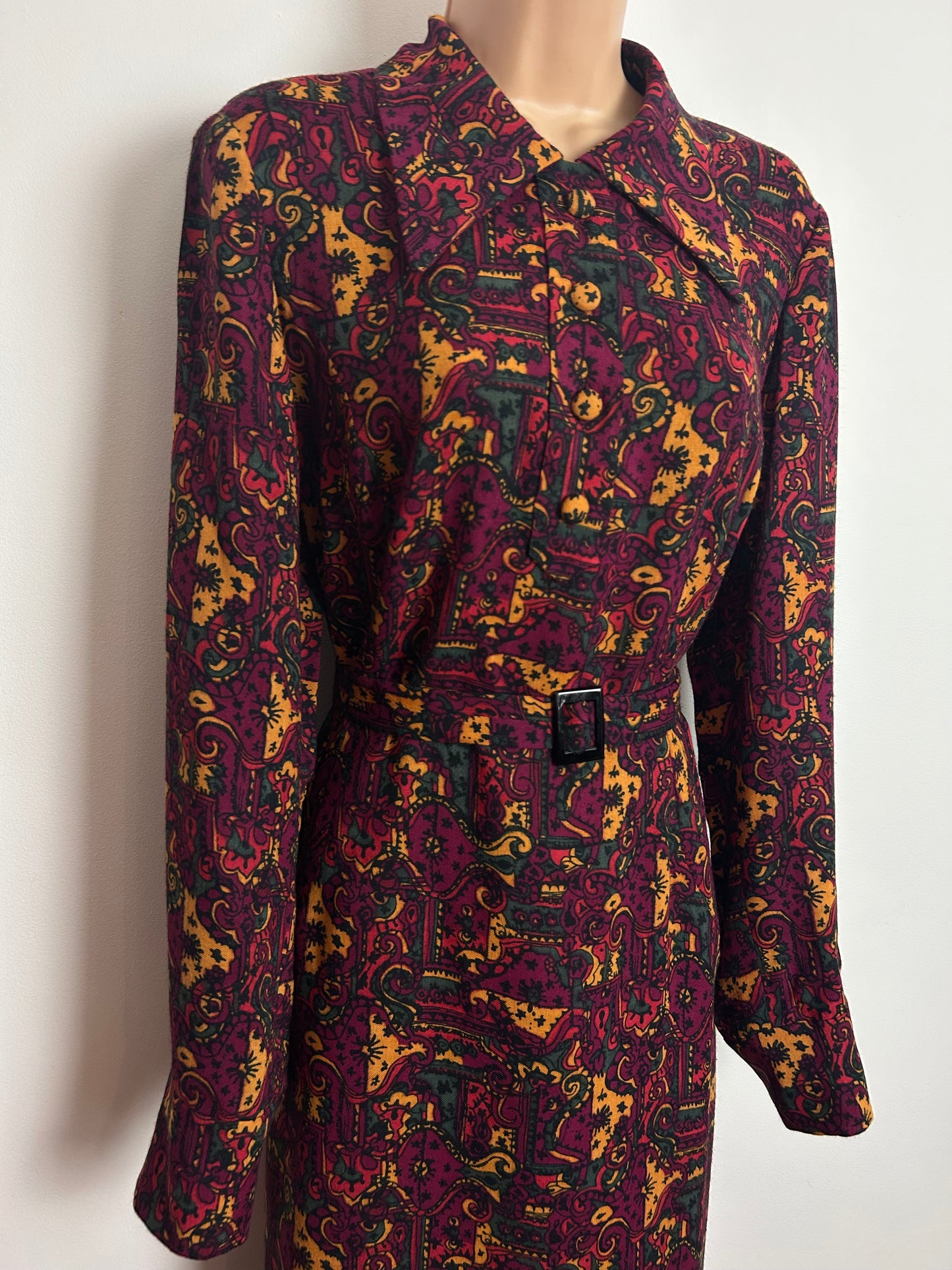 Vintage 1970s Size 16 Wine Mustard & Dark Green Abstract Nouveau Inspired Print Wool Mix Belted Long Sleeve Dress