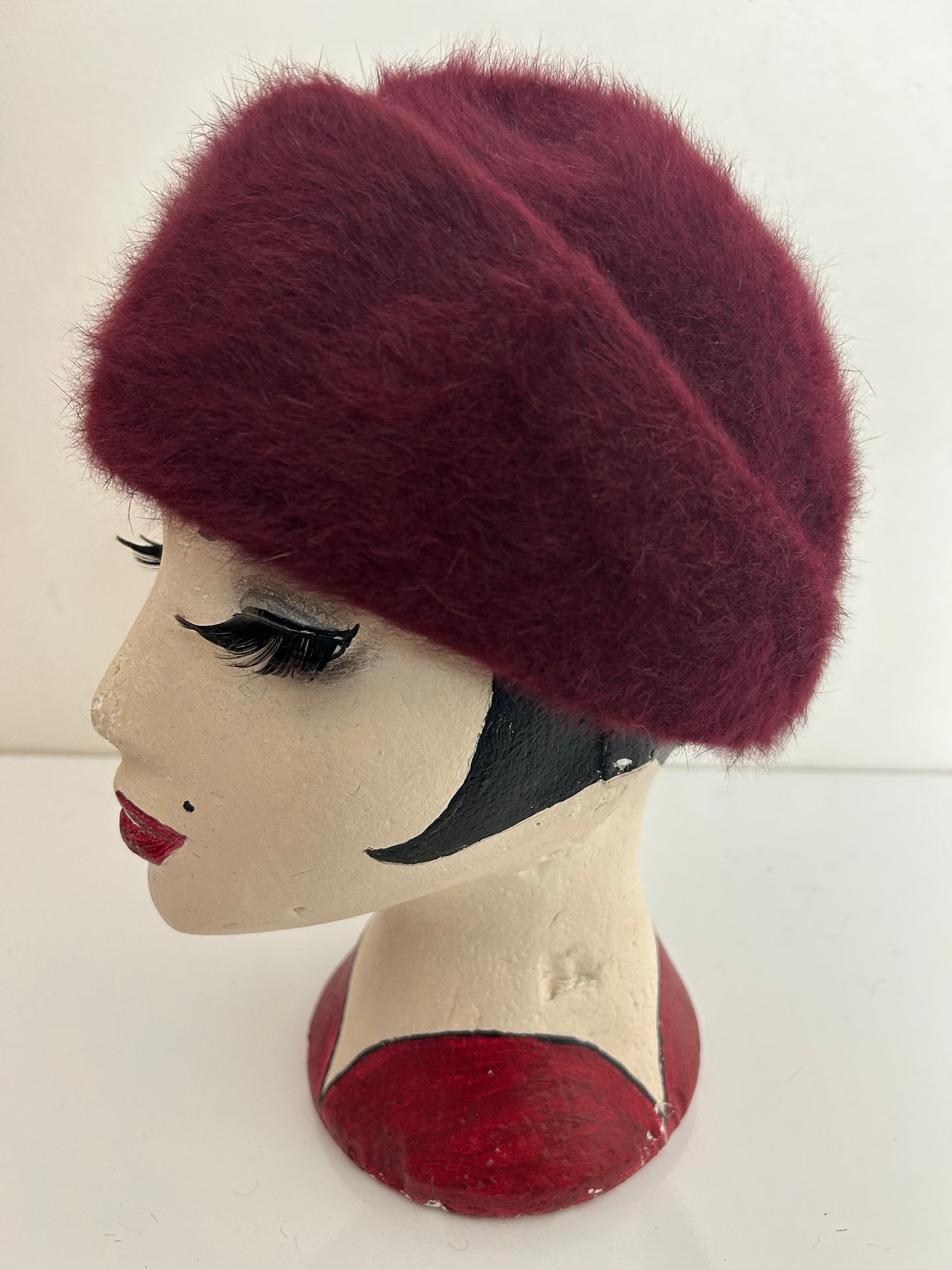 Vintage 1960s Maroon Angora Mix Pill Box Style Hat