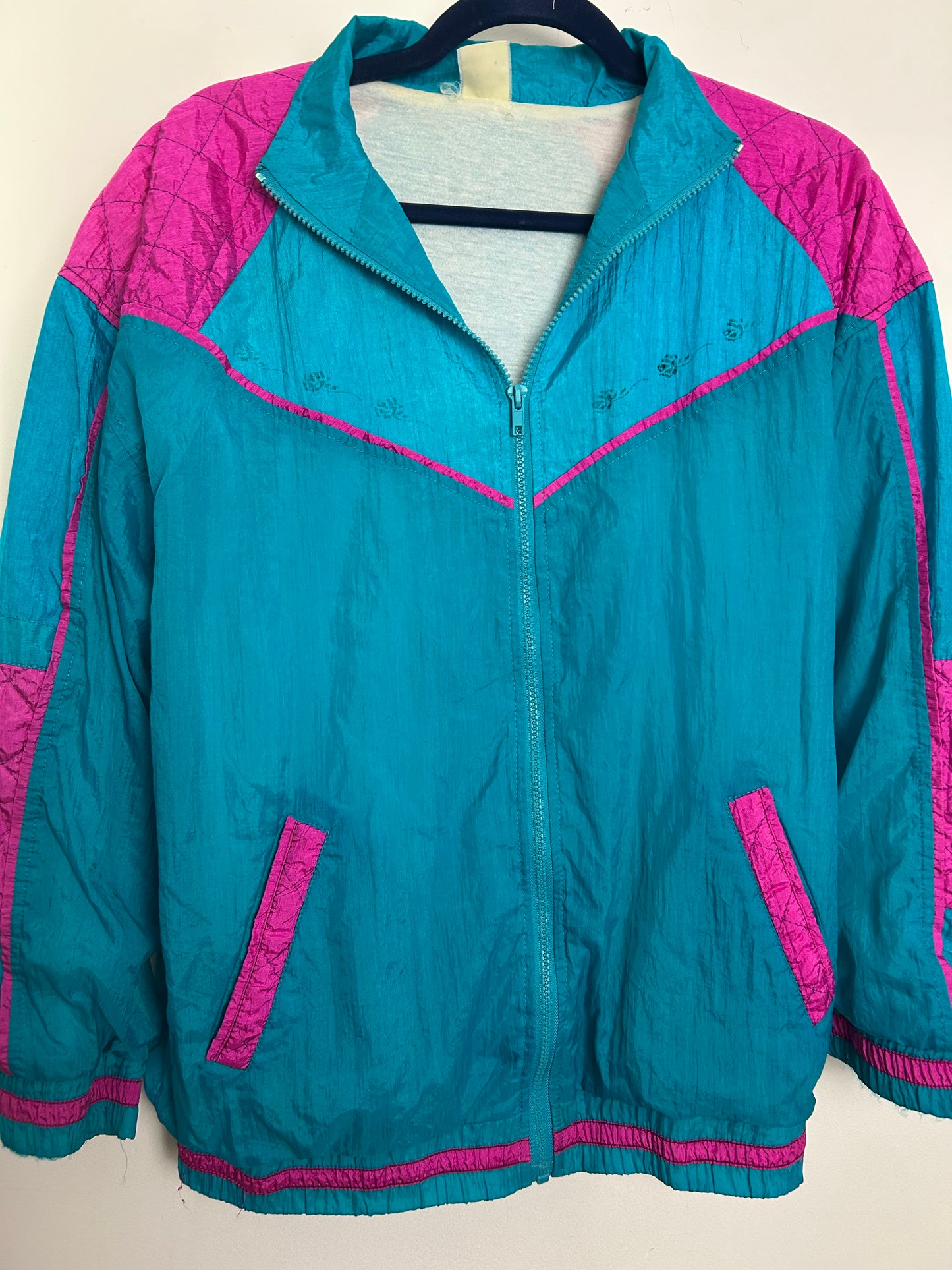 Vintage 1980s FASTLANE Size L (Up to 14) Teal Turquoise & Pink Shell Suit Jacket