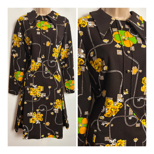 Vintage Ealy 1970s UK Size 12-14 Brown Orange Green & Yellow Floral Print Dagger Collar Kick Pleat Mod Dress