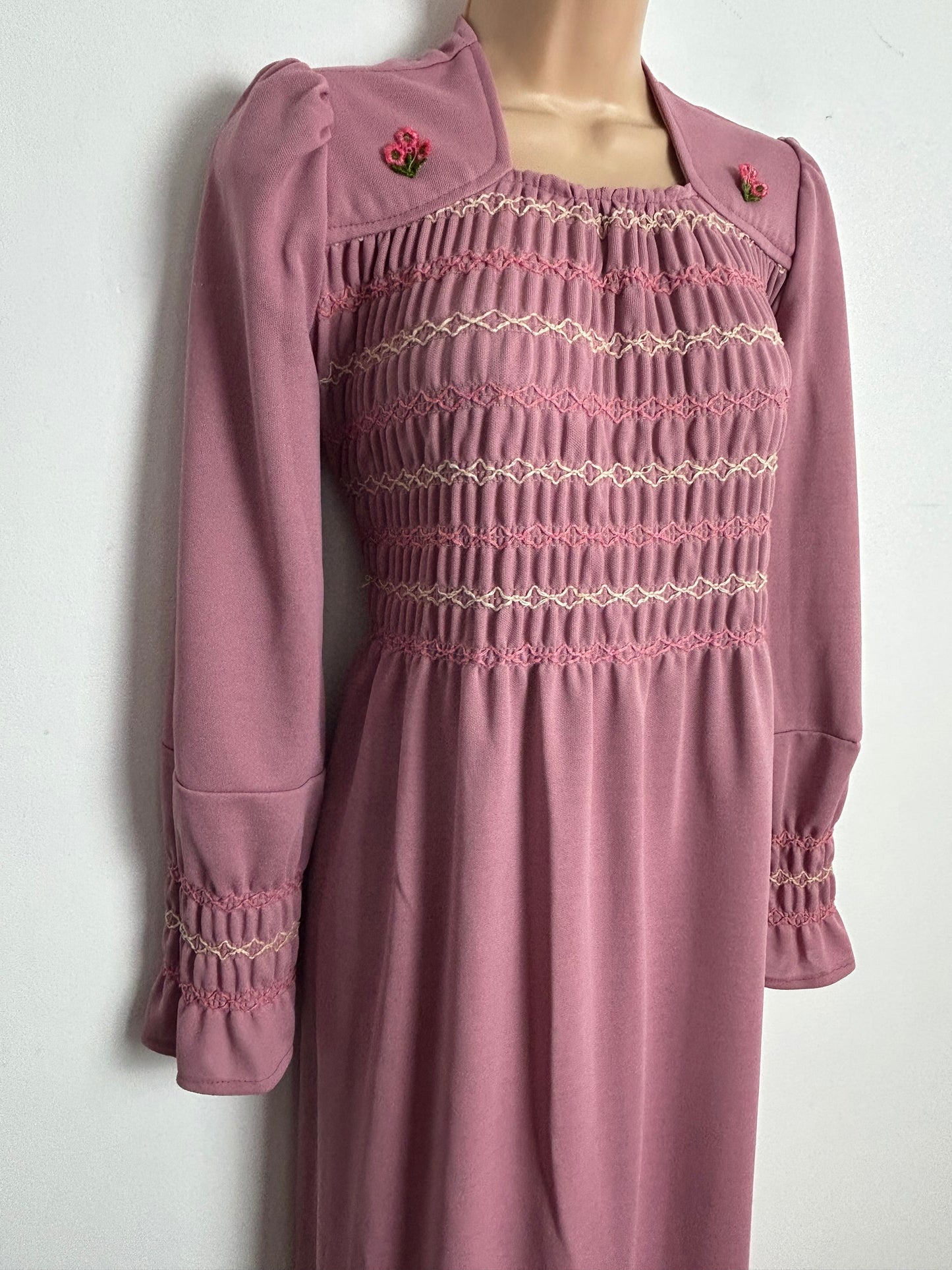 Vintage 1970s UK Size 12 Dusky Pink Shirred Bodice Long Sleeve Tie Back Maxi Dress