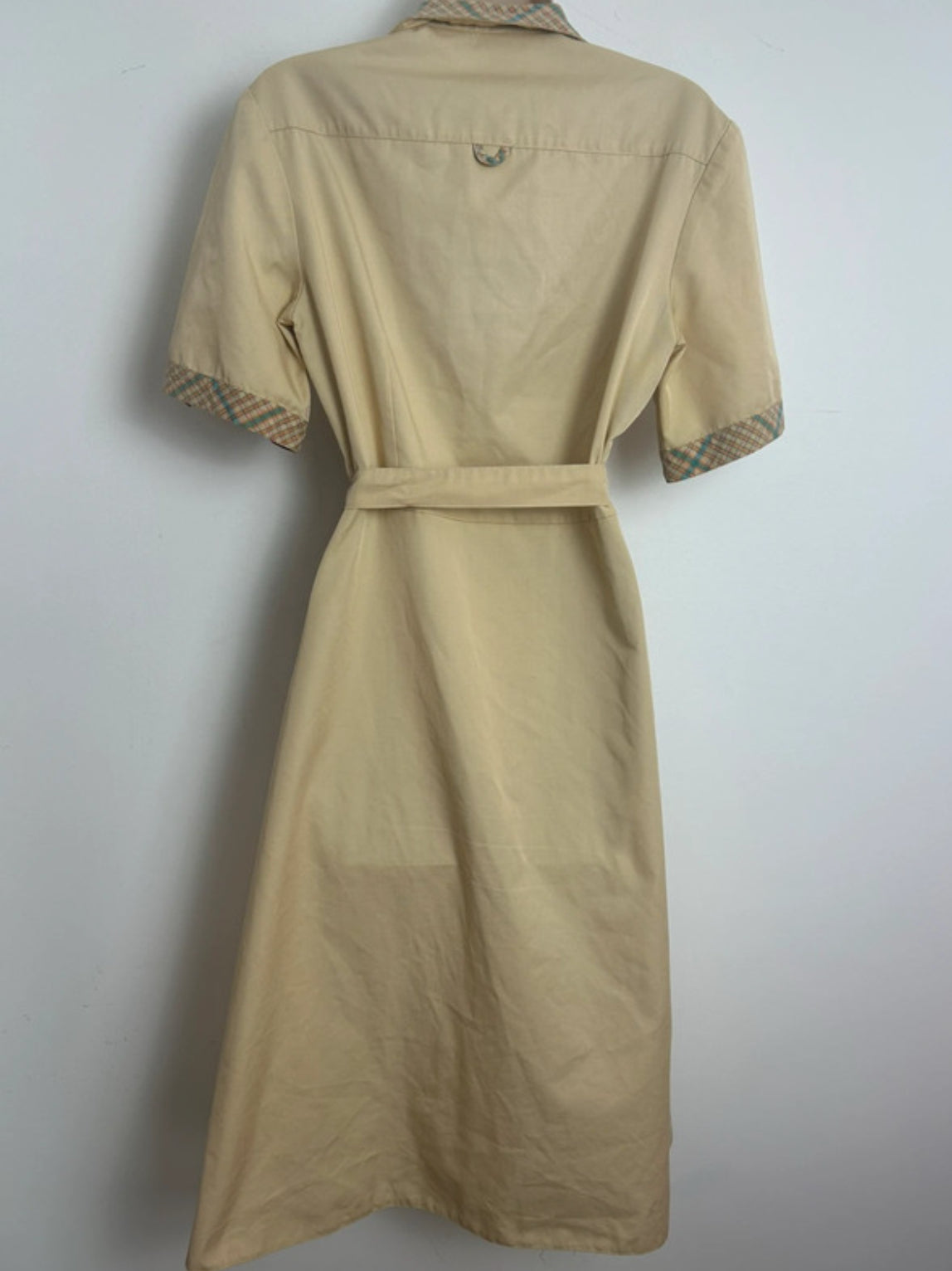 Vintage 1970s Size 12-14 Beige Contrast Check Print Cotton Mix Belted Shirt Style Day Dress