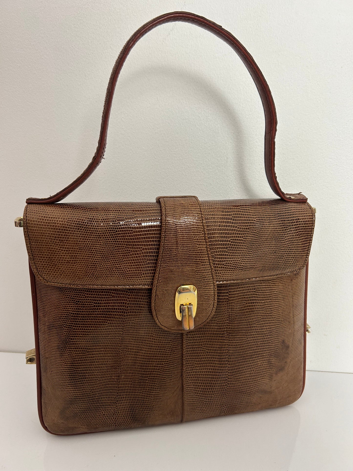 Vintage J. PEREZ VALENCIA SPAIN Brown Leather Reptile Skin Handbag