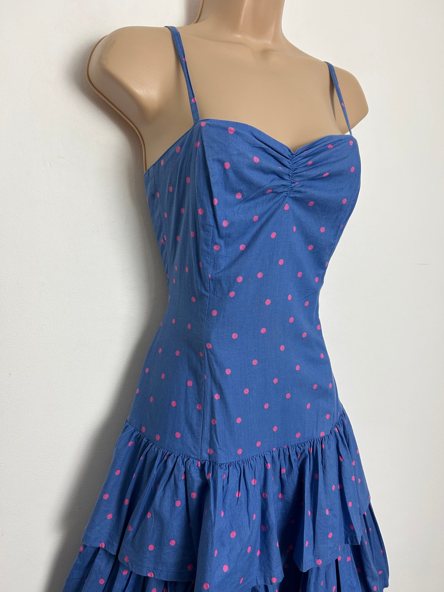 Vintage 1980s LAURA ASHLEY Size 8 Blue & Pink Polka Dot Print Layered Ra Ra Style Midaxi Dress