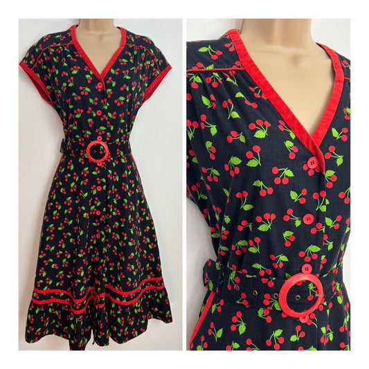Vintage Late 1970s Size 12 Cute Black & Red Cherry Print Short Cap Sleeve Belted Cotton Day Dress