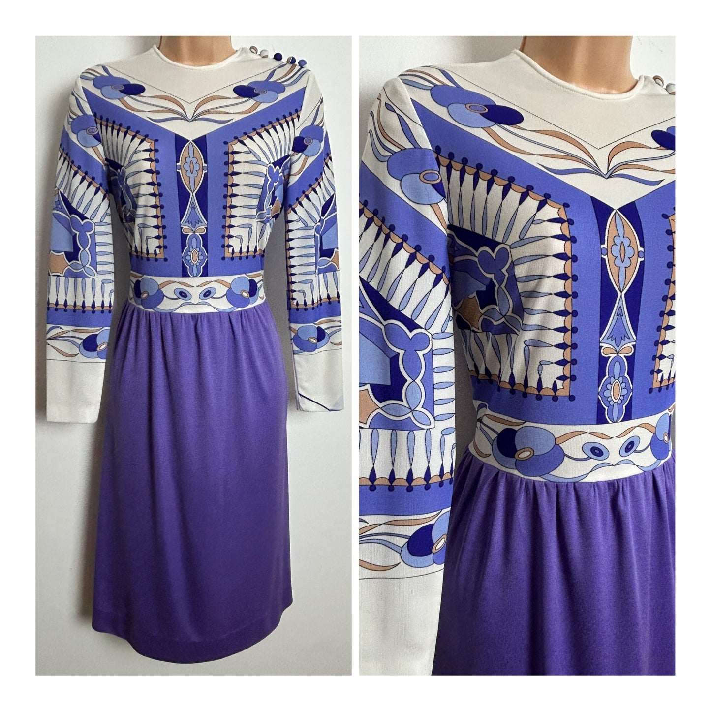 Vintage 1970s Size 10 Dark Lilac Lavender & White Psychedelic Print Long Sleeve Dress