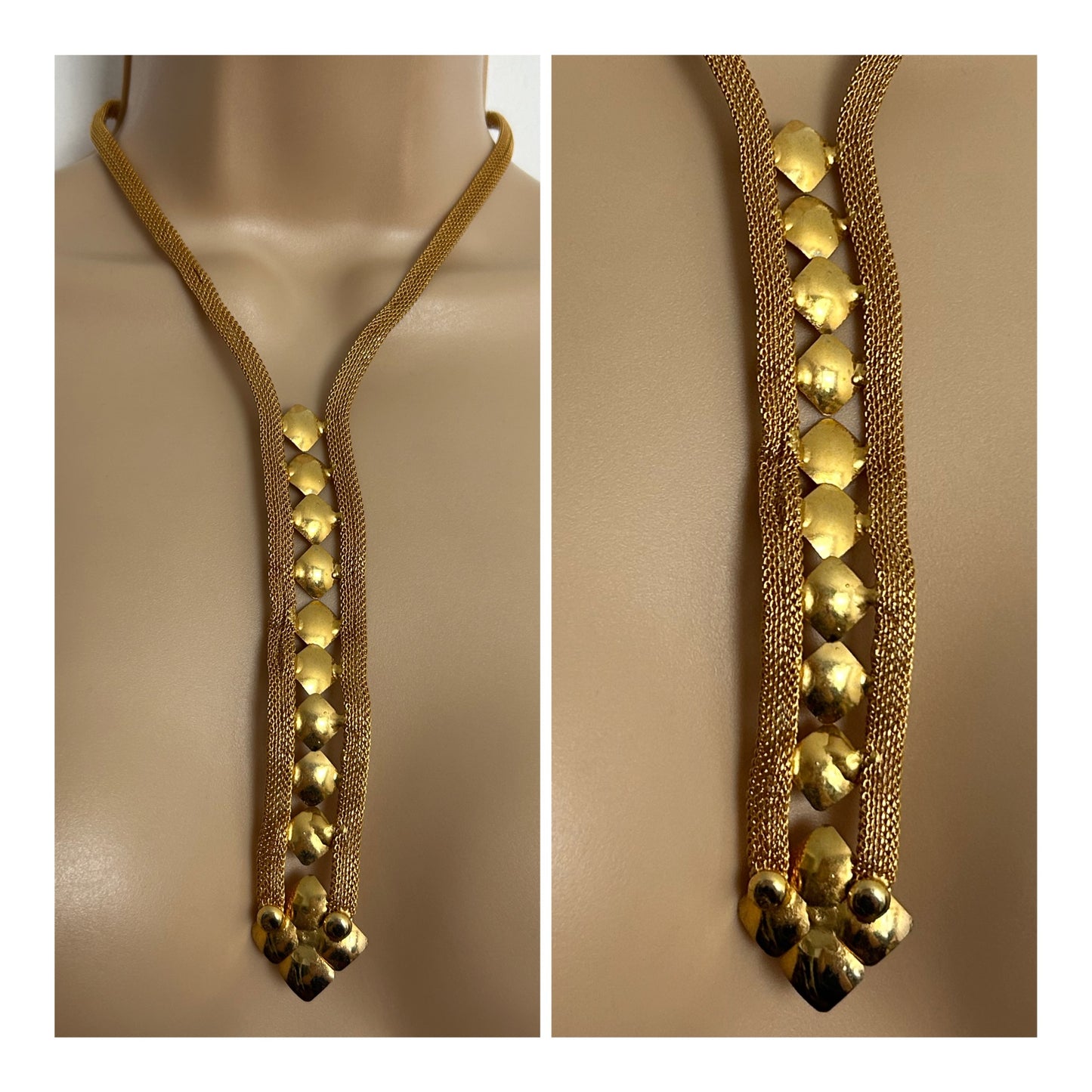 Vintage 1960s Gold Tone Mesh Elongated Drop Statement Necklace