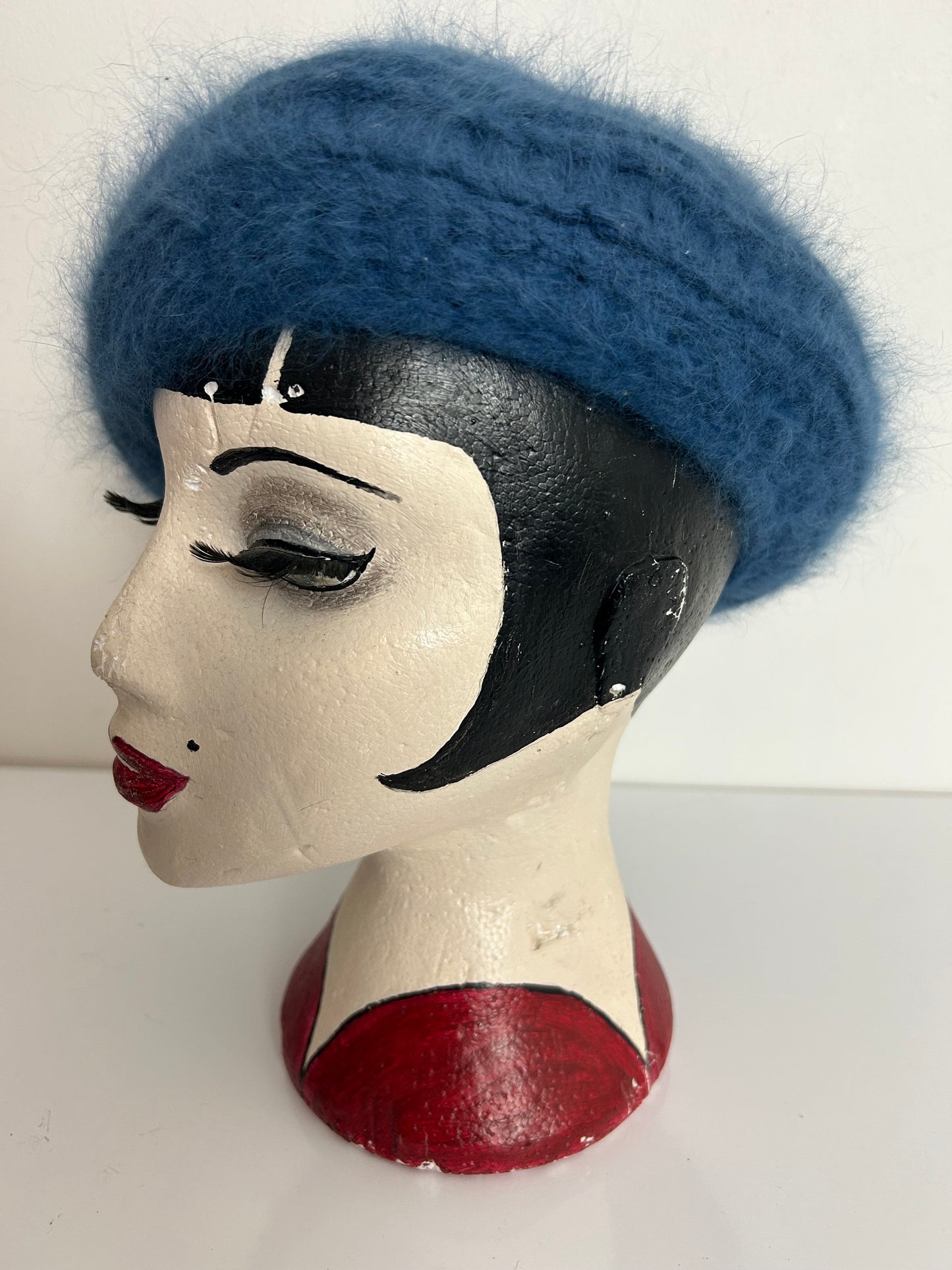 Vintage Dusky Blue Chunky Knit Wool & Angora Mix Beret Style Reversible Hat