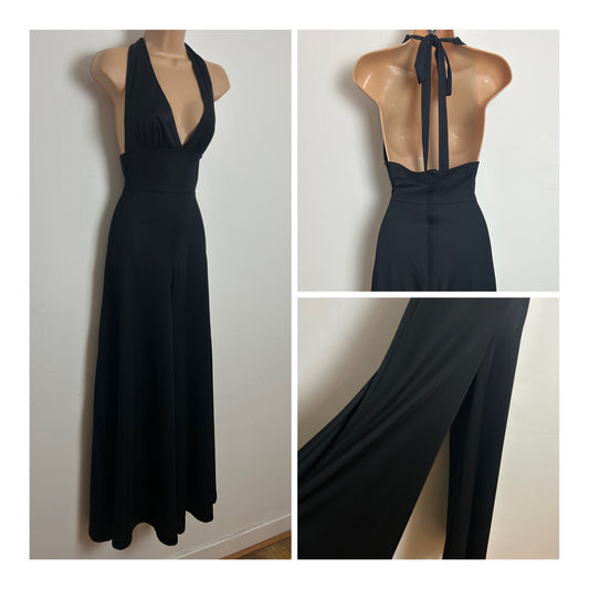 Vintage 1970s Size 4-6 Black Halter Neck Open Back Wide Leg Occasion Evening Jumpsuit
