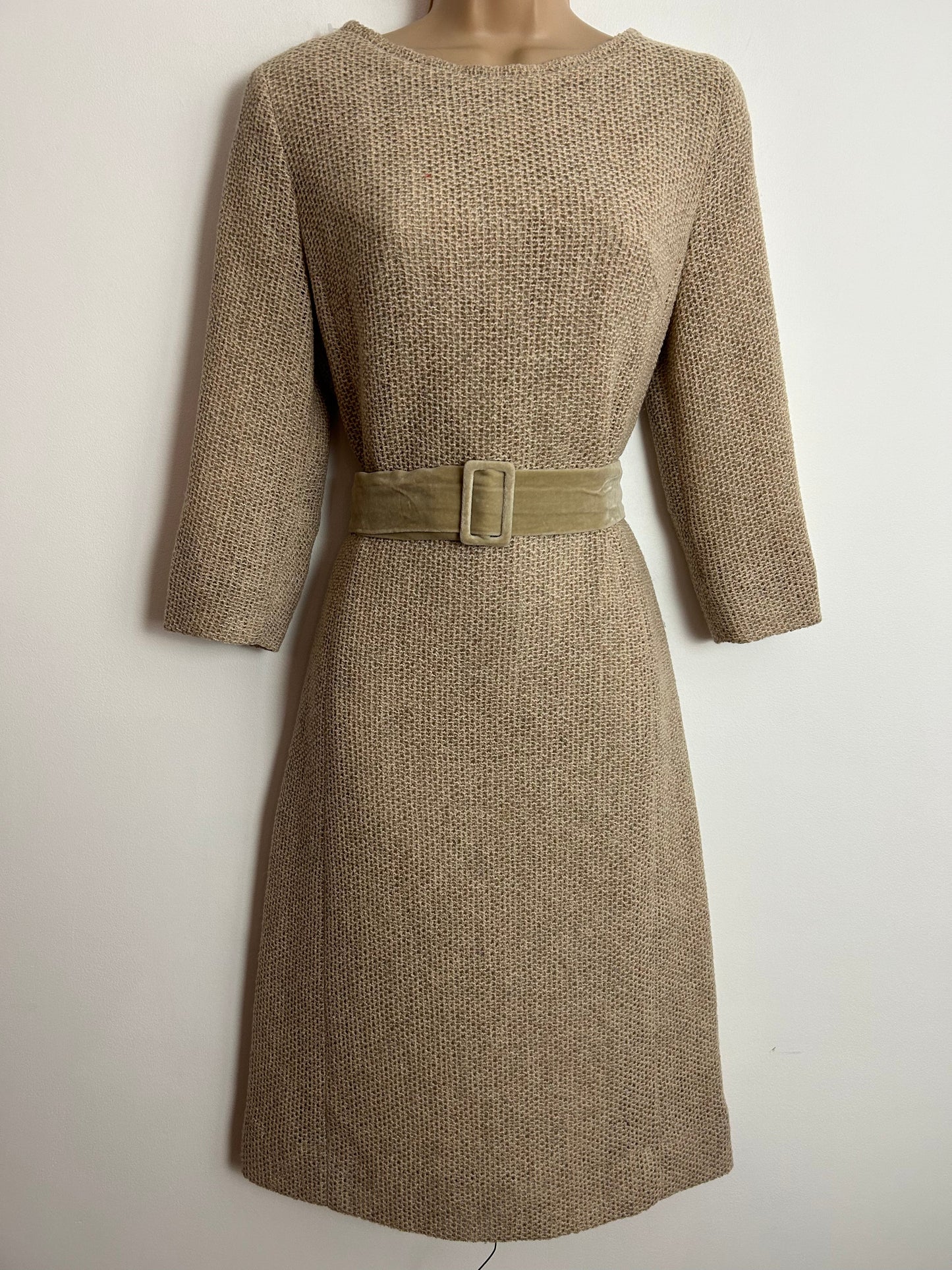 Vintage Early 1970s UK Size 12 Beige Waffle Fabric 3/4 Sleeve Velvet Belted Mod Dress