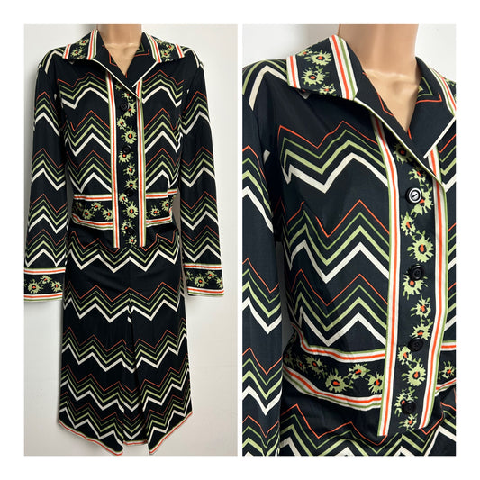 Vintage 1970s Size 16-18 Black White Orange & Green Stripe & Floral Print Long Sleeve Pleated Mod Dress