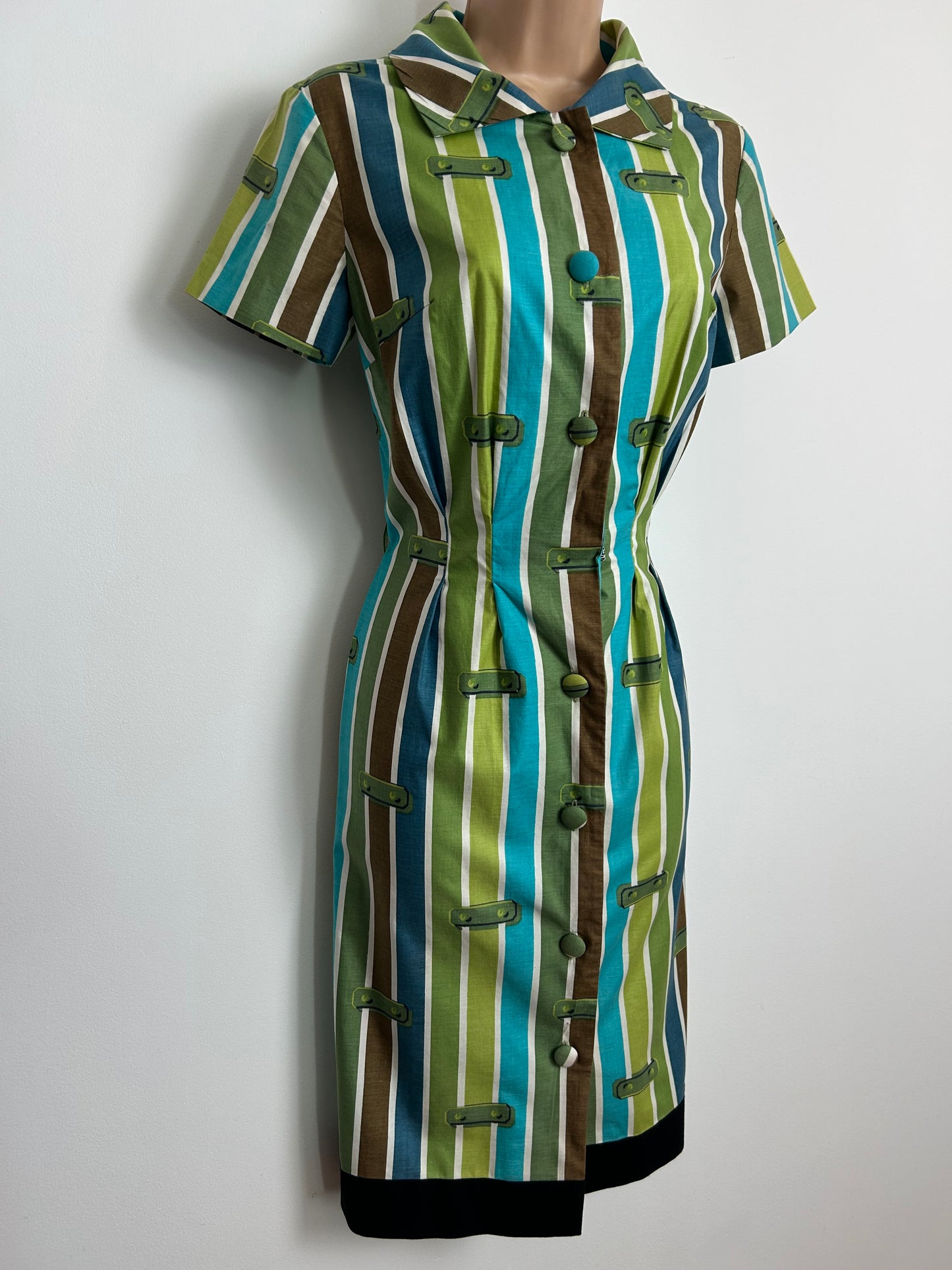 Vintage Early 1960s GLOBAL STYLED BY PARIS Size 8 Green & Brown Tones Stripe Print Cotton Fitted Day Dress