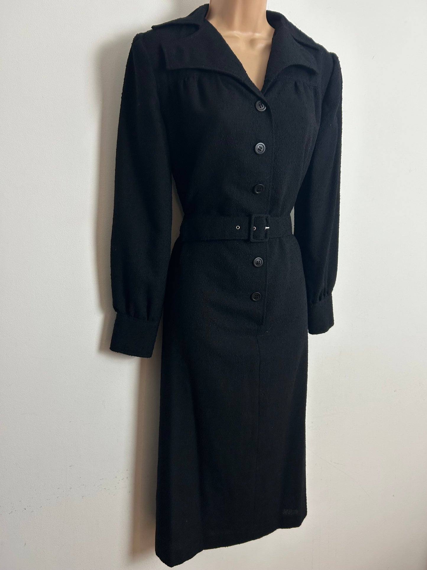 Vintage 1970's RADTKE Size 12 Black Feature Collar Belted Day Dress
