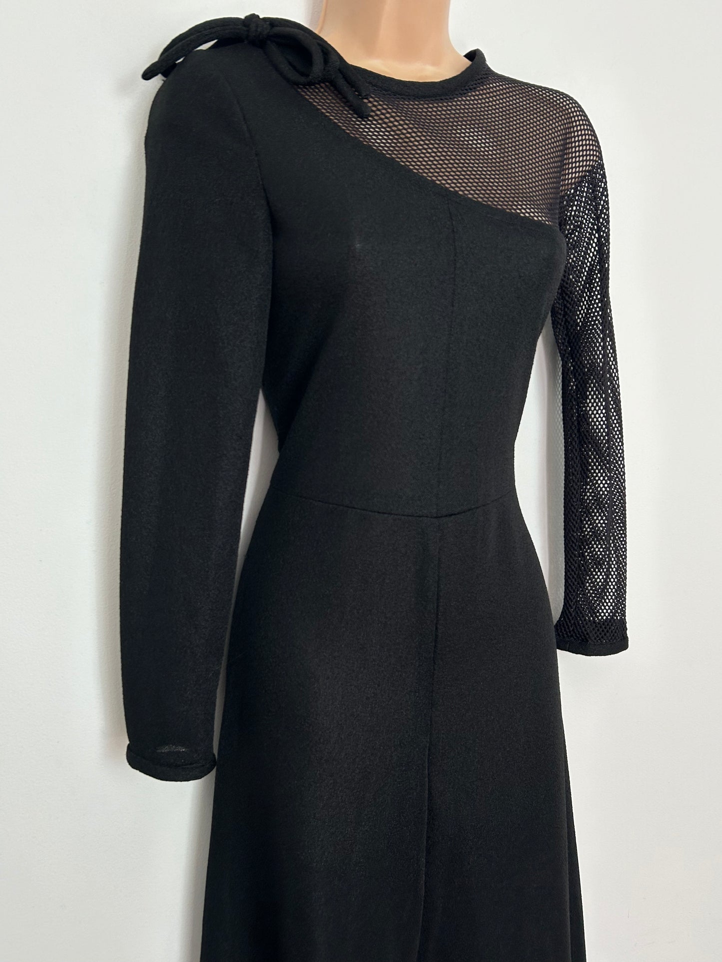 Vintage 1970s UK Size 6 Black Fish Net Neck & Sleeve Wide Flared Leg Evening Party Jumpsuit