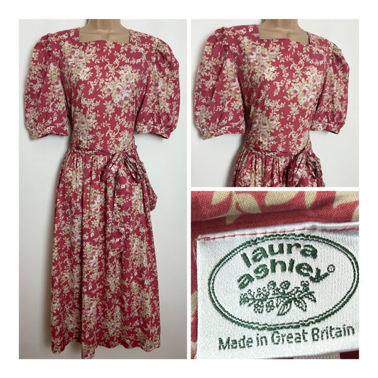 Vintage 1980s LAURA ASHLEY Size 14 (Size 16 On Label) Dark Pink & Pale Green Floral Print Cotton Belted Day Dress